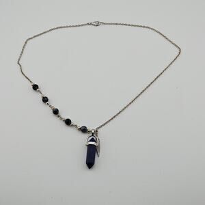 Dark Blue Crystal Dagger Pendant Necklace Silver Tone Chain Witchy Hippie Boho